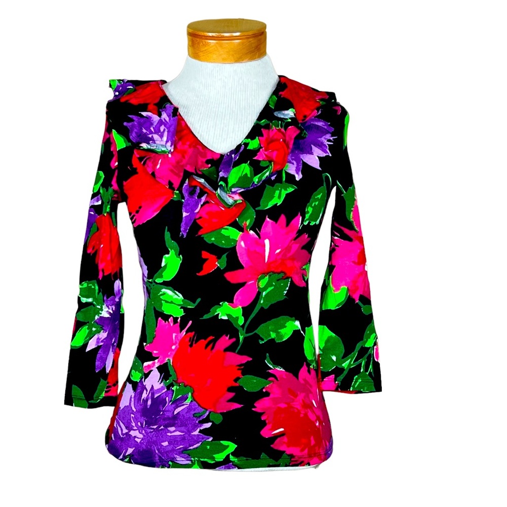 Lauren Ralph Lauren Women’s Floral Knit Top With Ruffled Neckline Petite XS